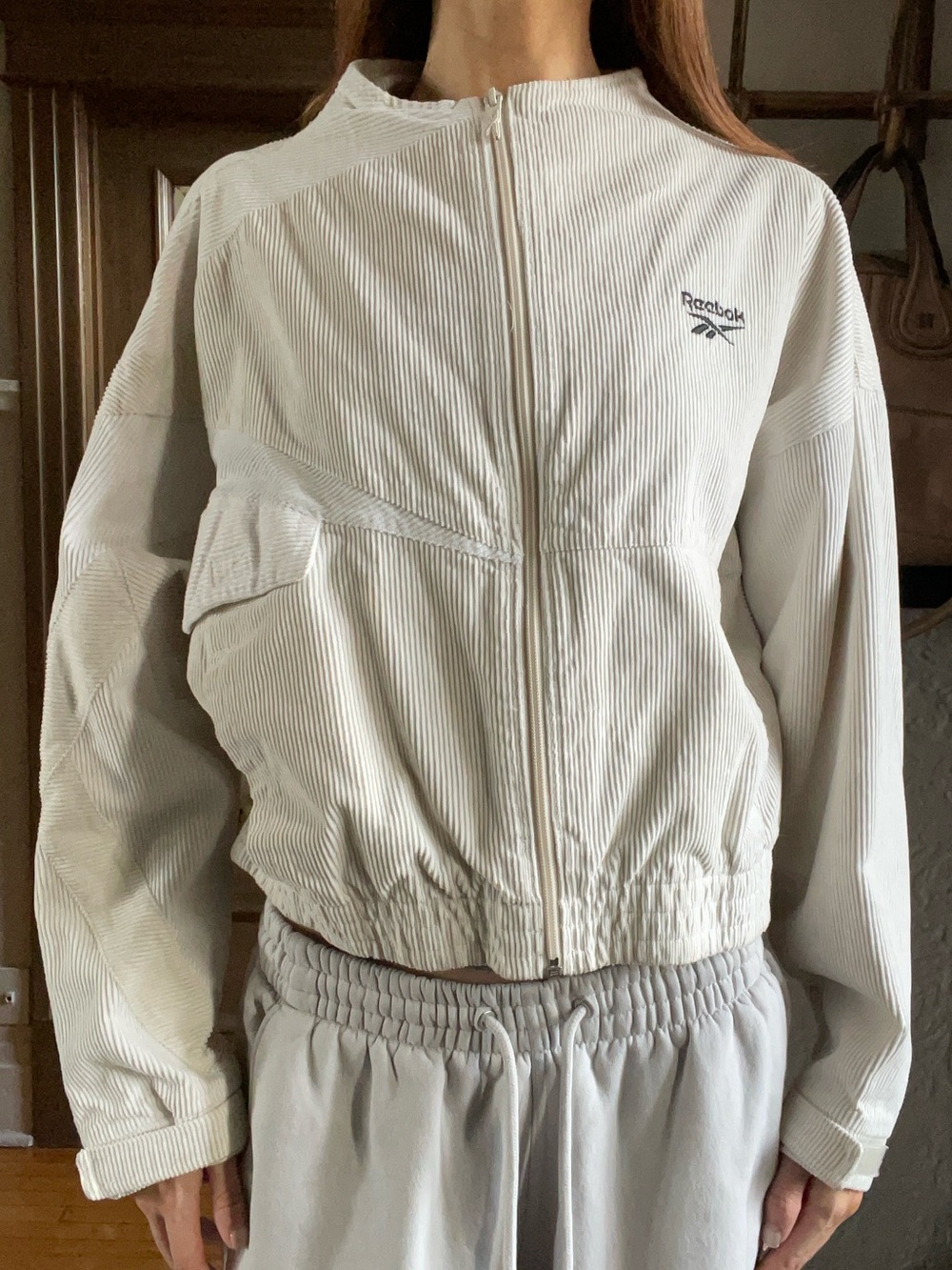 Reebok Cream Corduroy Zip-Front Bomber Jacket